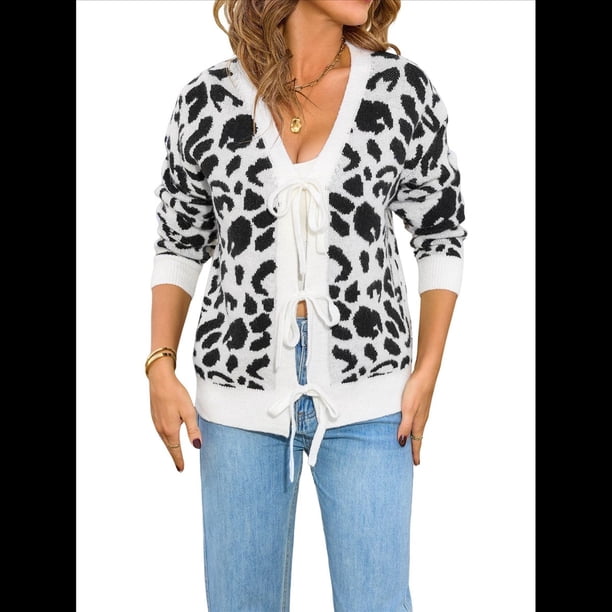 Cárdigan de Punto con Estampado de Leopardo y Lazo para Mujer, Larga, Cuello Redondo, Abertura Frontal, Informal, Holgado, para Exteriores. M