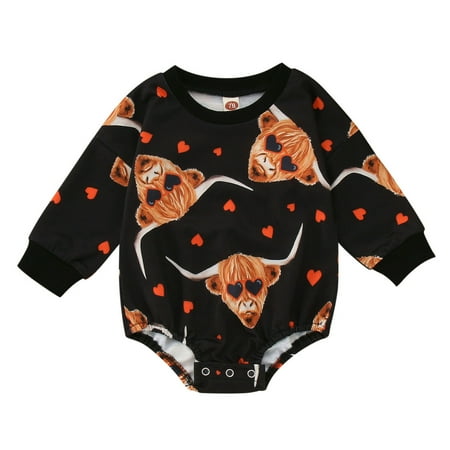 

Autumn Baby Girls Boys Cute Romper Long Sleeve Heart Bull Head Printed Jumpsuits For Valentines Days Outfits