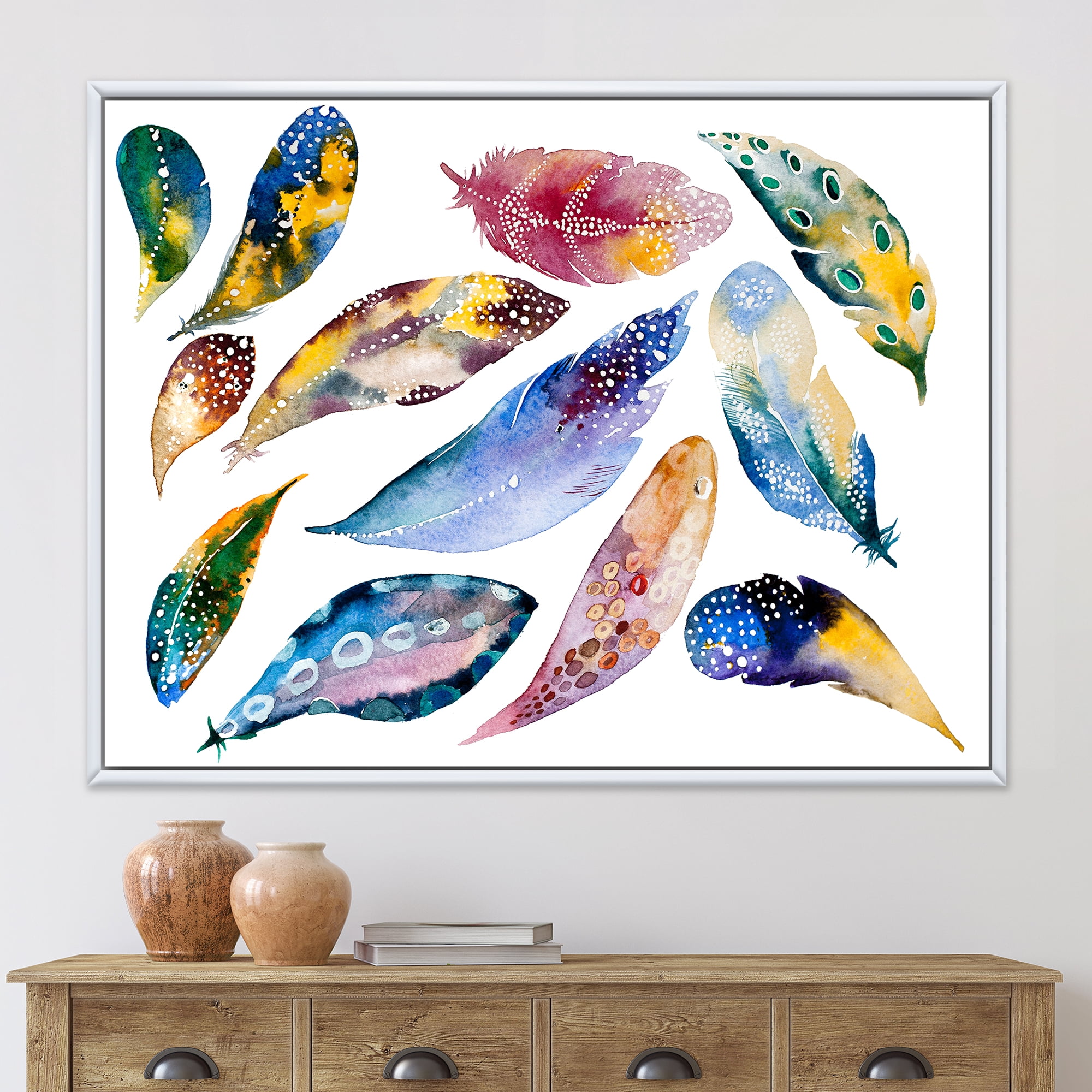 Designart 'Colourful Boho Feather Set On White VI' Bohemian & Eclectic Framed Canvas Wall Art Print