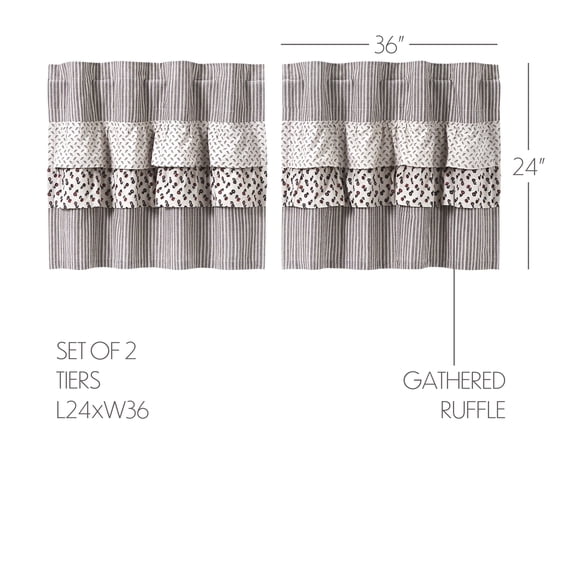 VHC Brands, Florette Ruffled Patchwork Curtain Tier, Brown, 24x36, Set of 2