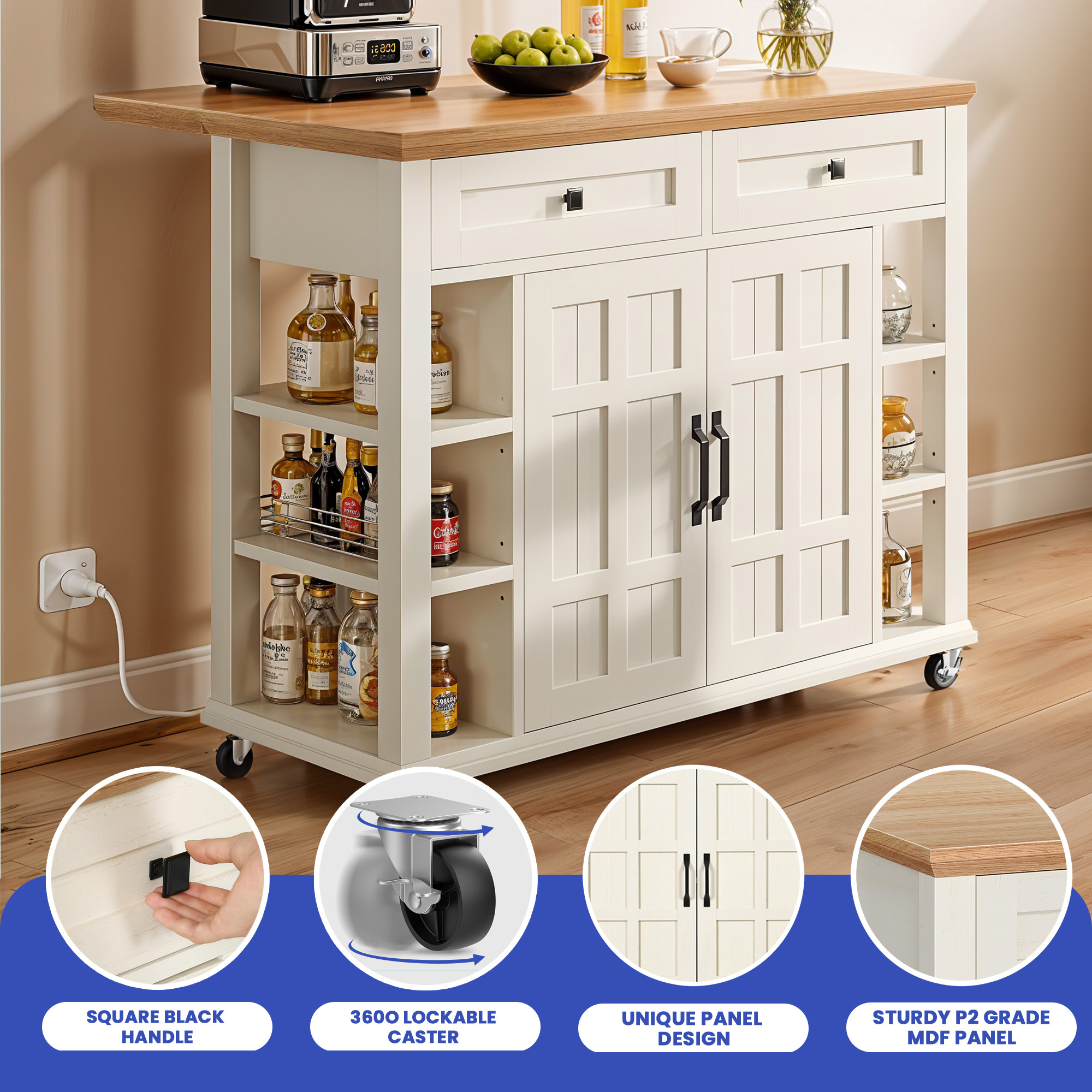 ModFusion 45" Kitchen Island Cart Drop Leaf Power Outlet Rolling Storage Cabinet Drawers Side Shelves