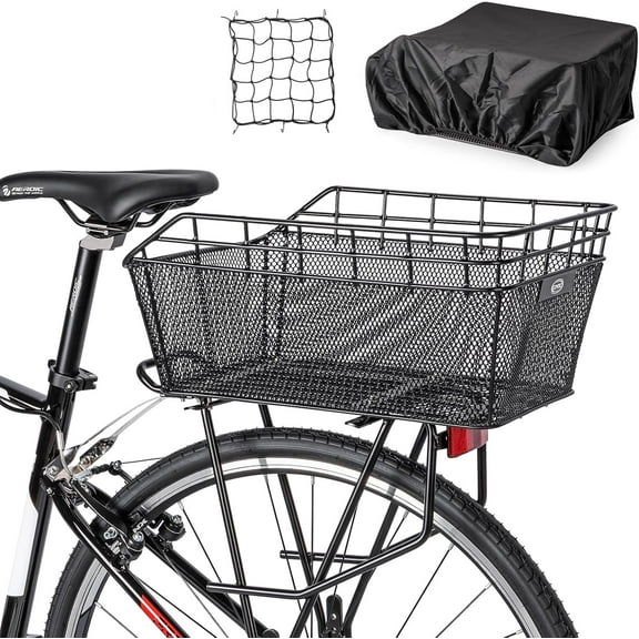 Rear Bike Basket - Large Bicycle Rear Basket with Cargo Net and Waterproof Cover, Wire Bike Baskets Rear Large Capacity (NO Bike Rack Include)