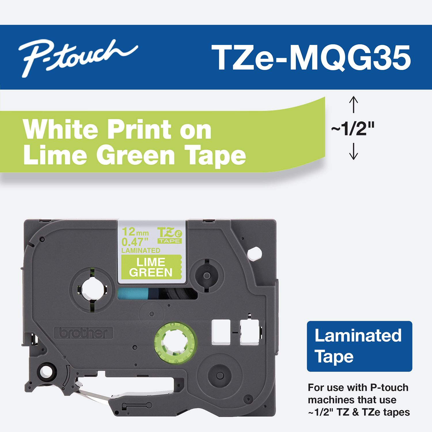 Brother P-Touch TZEMQG35 Label Tape, 0.47" x 16.4 ft, White on Lime Green