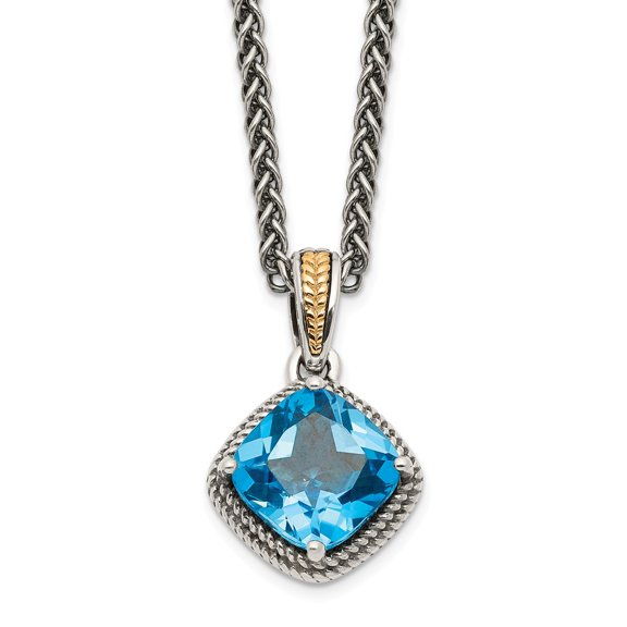 925 Sterling Silver With Real 14kt Antiqued Blue Topaz Necklace; 18 inch; Lobster Clasp; for Adults and Teens; for Women and Men