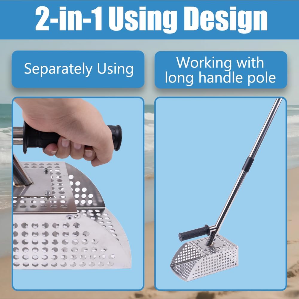 Sand Scoop for Metal Detecting, Heavy Duty Stainless Steel Sand Scoop with Long Handle,Includes 1 Metal Detector Pinpointer,1 Shovel,1 Carry Bag,One Pair of Gloves