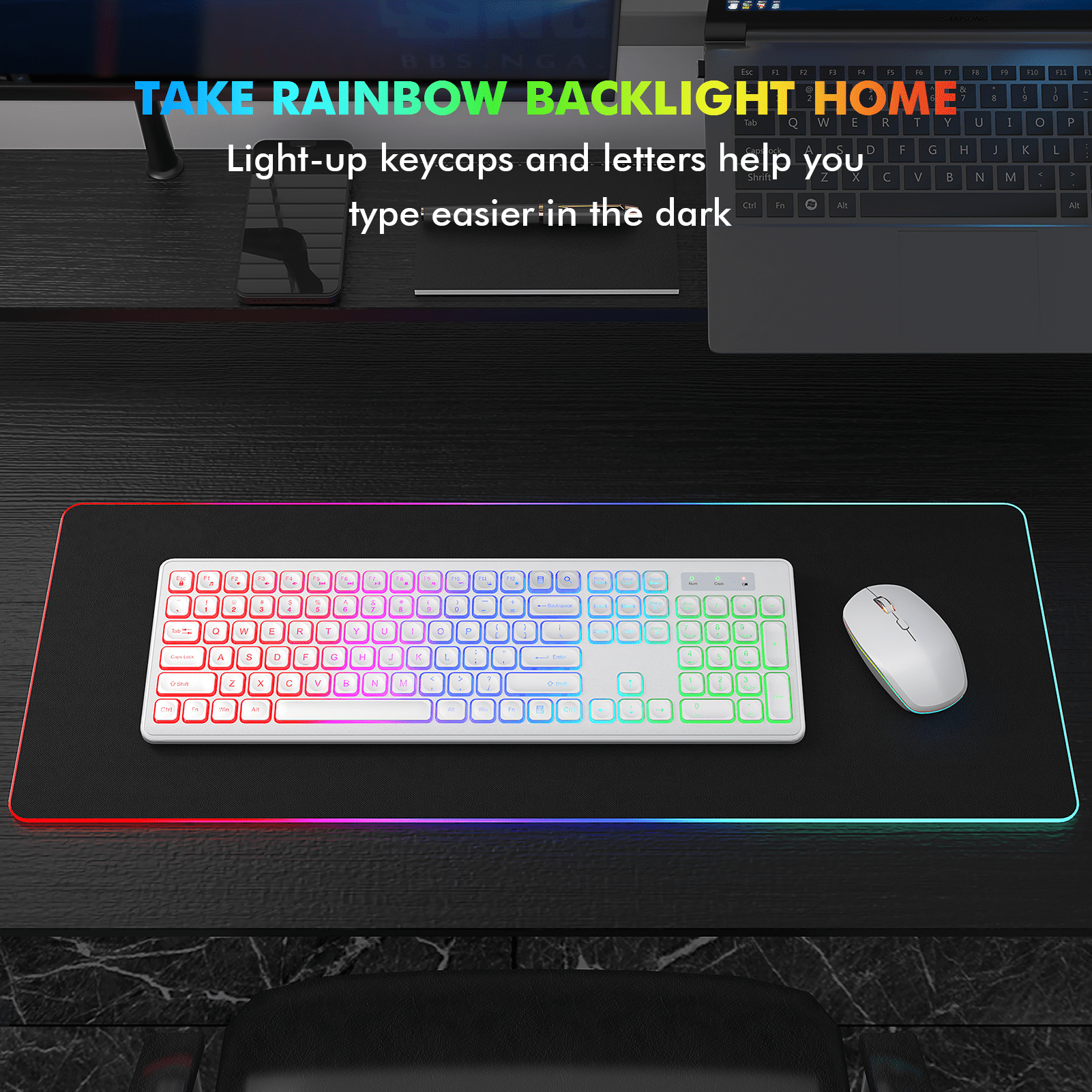 Wagpak Wireless Keyboard and Mouse Combo RGB Backlit Rechargeable 2.4GHz Quiet 108 Keys Keyboard-Cloud White