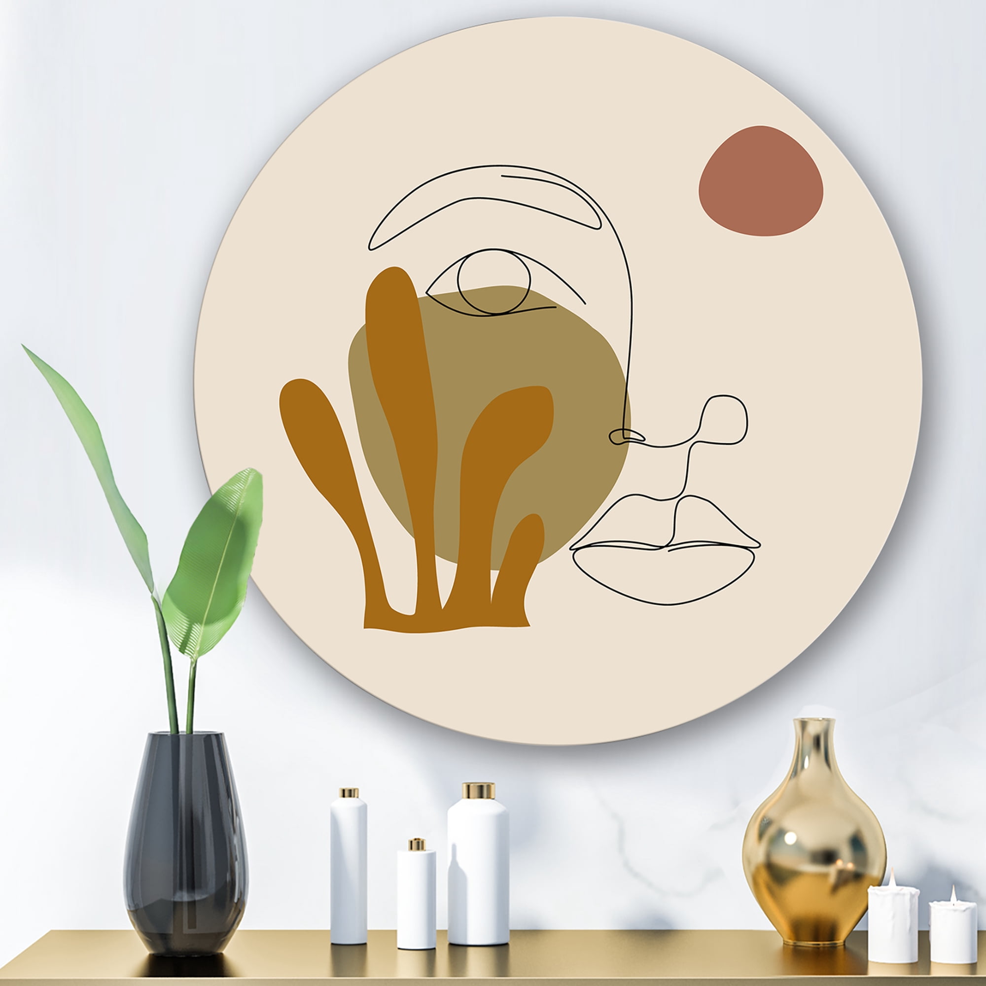 Designart 'One Line Art Portrait of Female In Terracotta Tones' Modern Circle Metal Wall Art 11x11 - Disc of 11