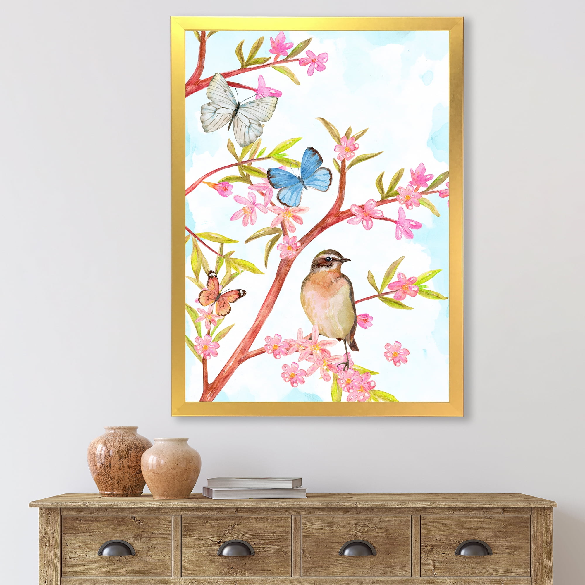 Clever Bird Sitting On Branch of A Spring Tree With Butterflies 16 in x 32 in Framed Painting Canvas Art Print, by Designart