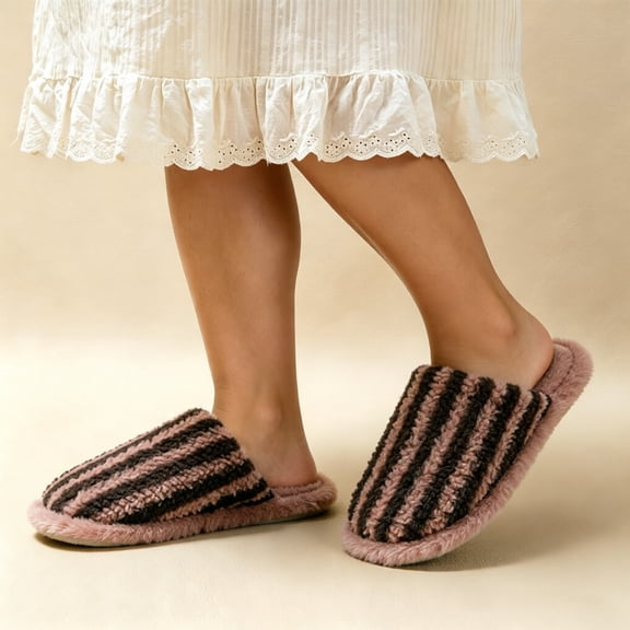 Samdudou House Slippers for Women Fuzzy Striped Pattern Closed Toe Slip On Plush Warm Indoor Bedroom Flat Footwear for Daily Home Lounging
