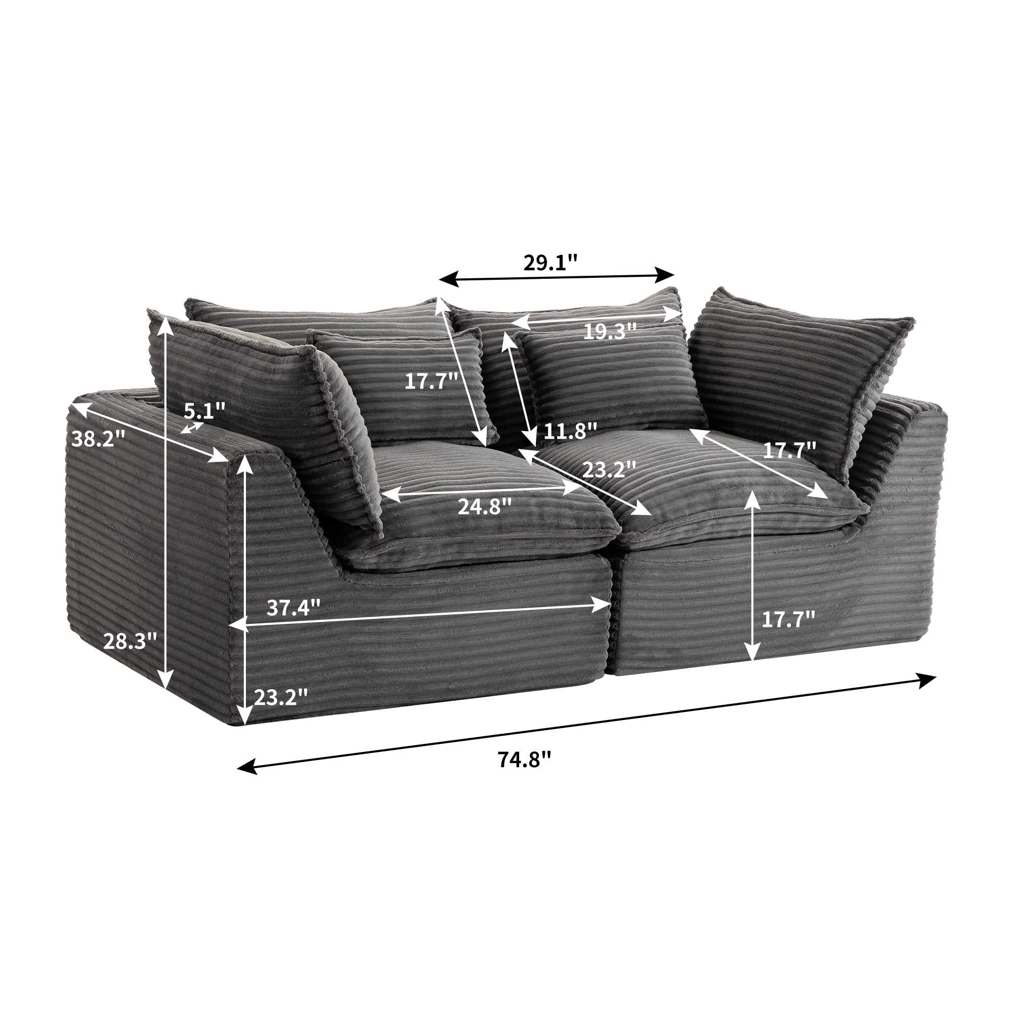 74.8" 2-Seat Cloud Couch Oversized Modular Sectional Sofa,Comfy Deep Seat Corduroy Sofa for Living Room,Grey