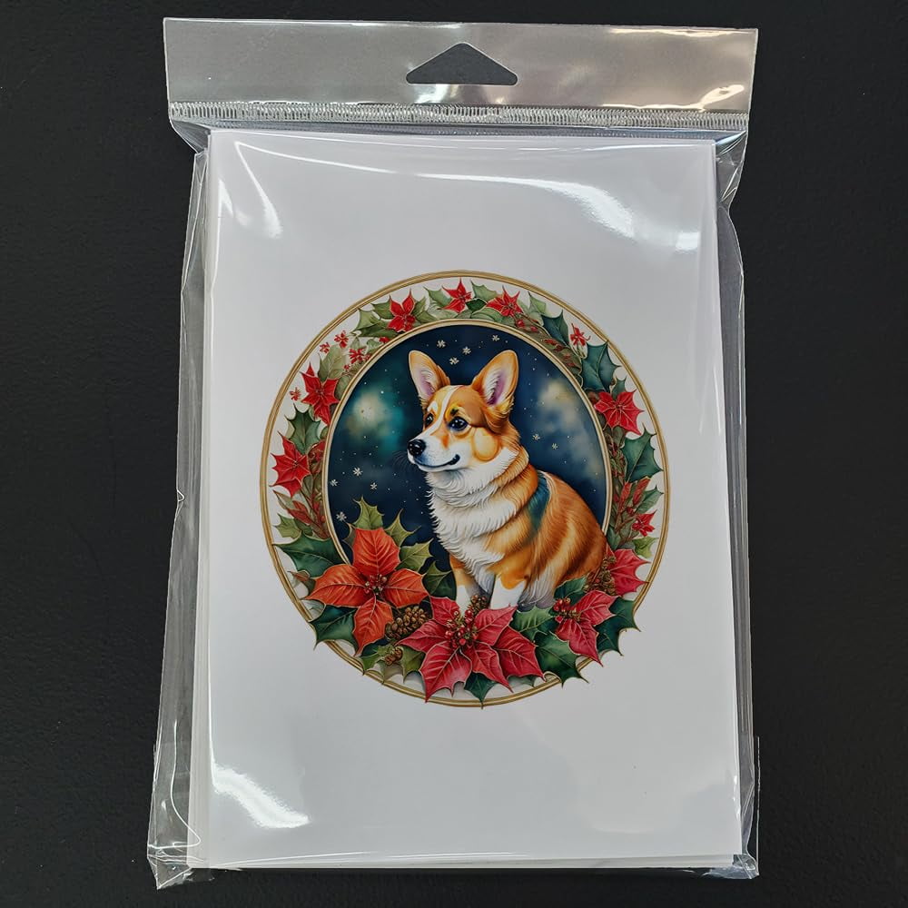 Corgi Christmas Flowers Greeting Cards Pack of 8 7 in x 5 in