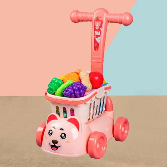 Kids Shopping Cart with Cutting Play Food Set for Kids Kitchen, 2 in 1 Shopping Cart for Kids Grocery Store Pretend Play Kitchen Accessories Sorting Food Bucket Learning Toys Gift for Toddler 3-5