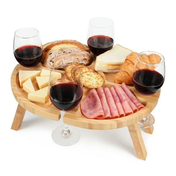 Tirrinia Portable Picnic Table with 4 Wine Glasses Holder, Bamboo Snack Tray (15.7" x 12.5" x 7.5")