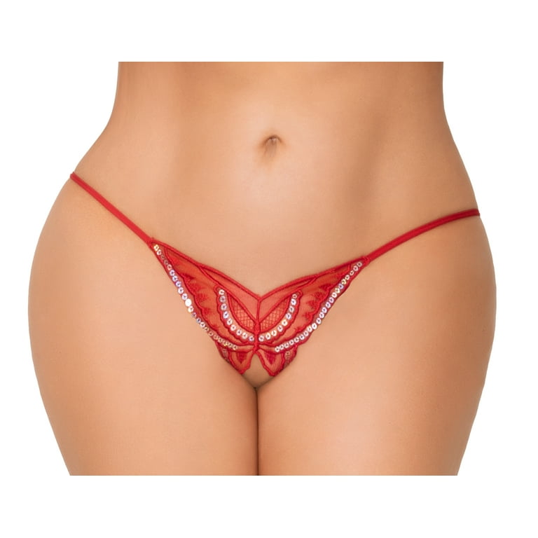 Lacy Line Plus Size Open Crotch Butterfly Sequined Strappy Back