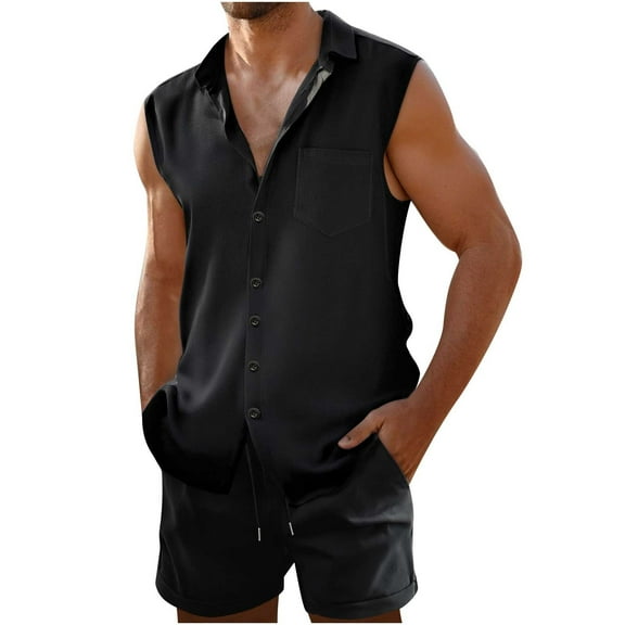 Oplxuo Men's 2 Piece Outfits Sleeveless Button Down Beach Tank Tops Shirts Matching Shorts Set