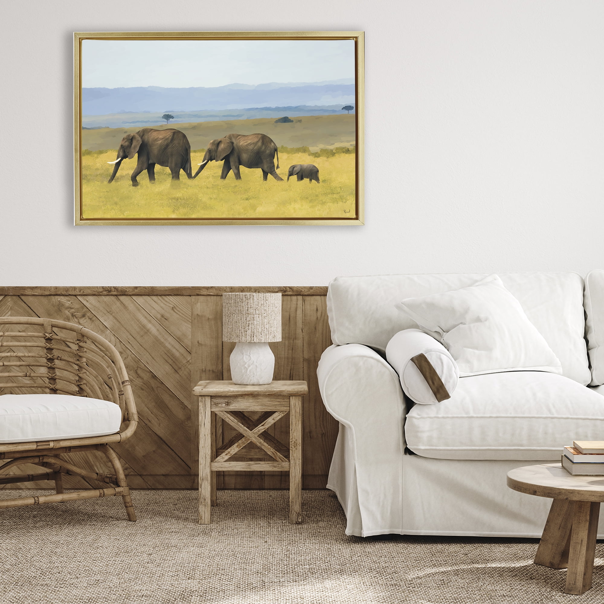Stupell Industries Elephants In The Grassland Gold Framed Floater Canvas Wall Art, design by Renel Peters