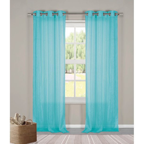 Two 2 Sheer Grommet Window Curtain Panels Turquoise Metallic 76 X 84 Walmart Com