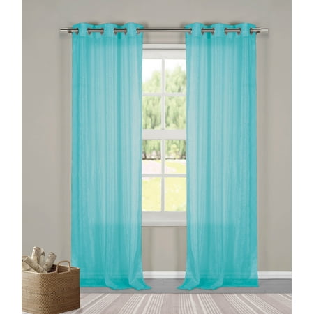 Two 2 Sheer Grommet Window Curtain Panels Turquoise Metallic