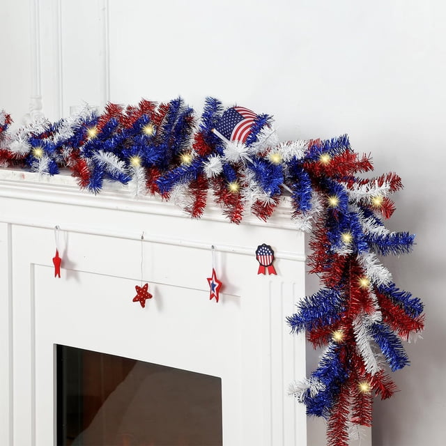 Independence Day LED Rattan Garland Patriotic Red White Blue Hanging String Lights Festive Decoration Easy Hang Reusable Warm Glow Door Wall Porch Mantel Party Indoor Outdoor Celebration Use
