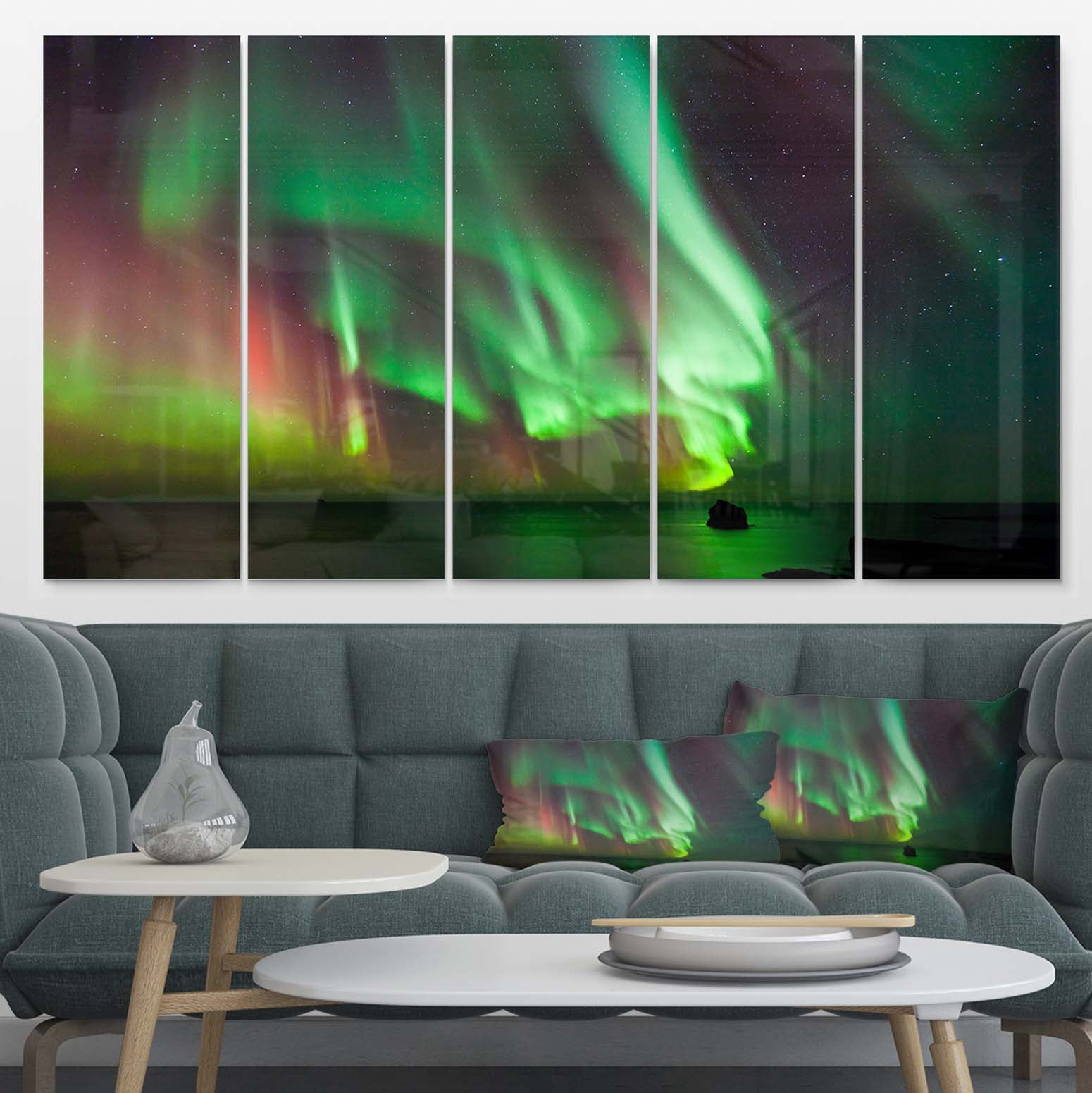 Designart 'Green Northern Lights Aurora ' Multipanel Large Abstract Metal Wall Art