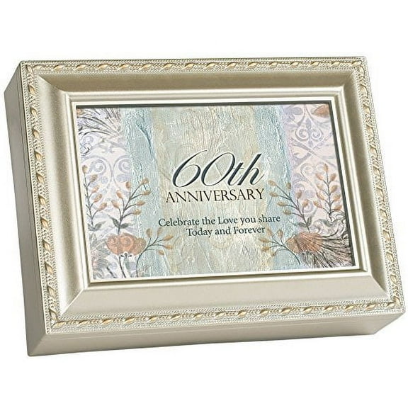 Cottage Garden 60th Anniversary Celebrate Love Silvertone Rope Trim Jewelry Music Box Plays Unchained Melody
