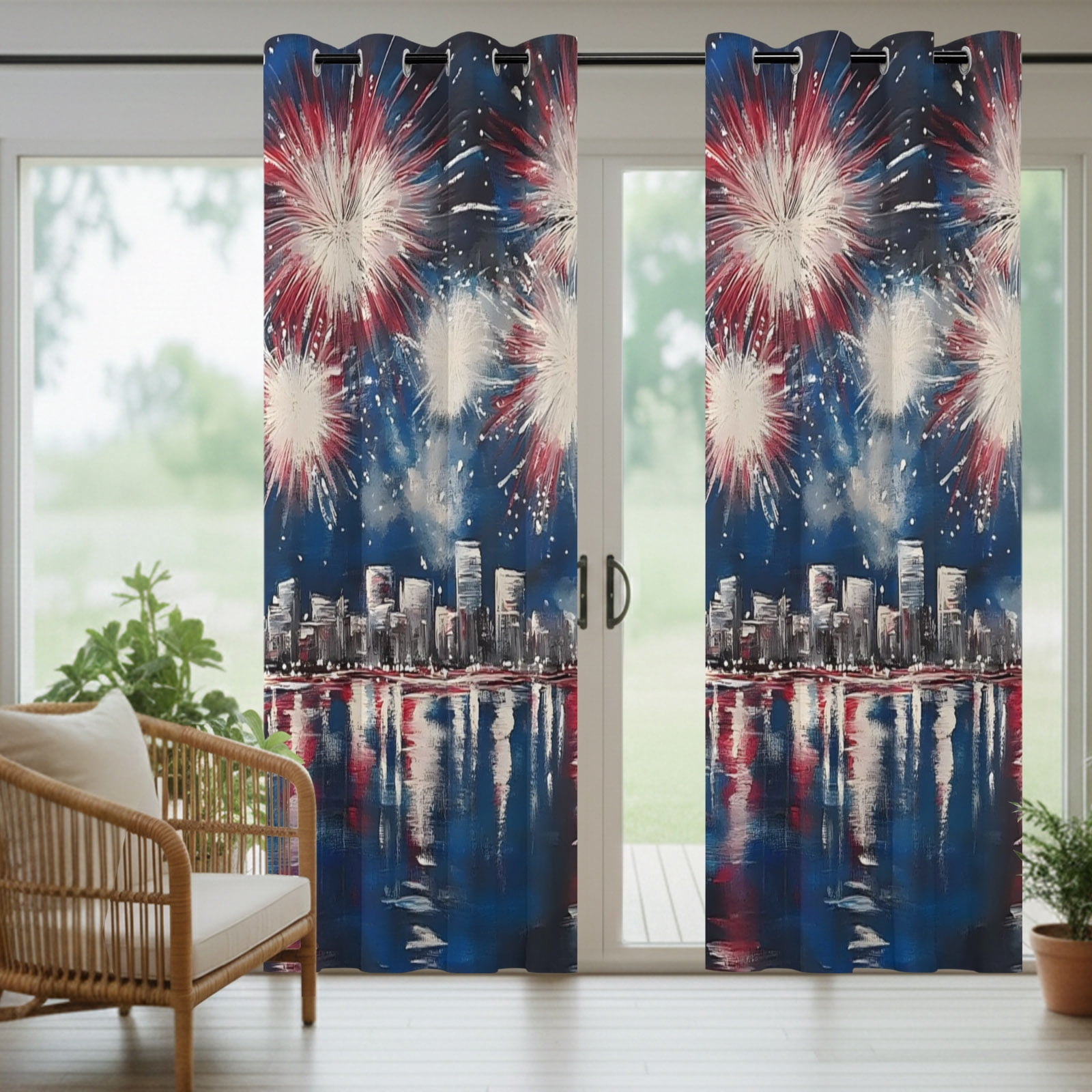 Independence Day Outdoor Curtains for Patio, Fireworks City Night Scene Patriotic Sunshade Privacy Drapes Grommet Waterproof Outside Curtains for Porch/Cabana/Balcony 54"x 108", 1 Panel