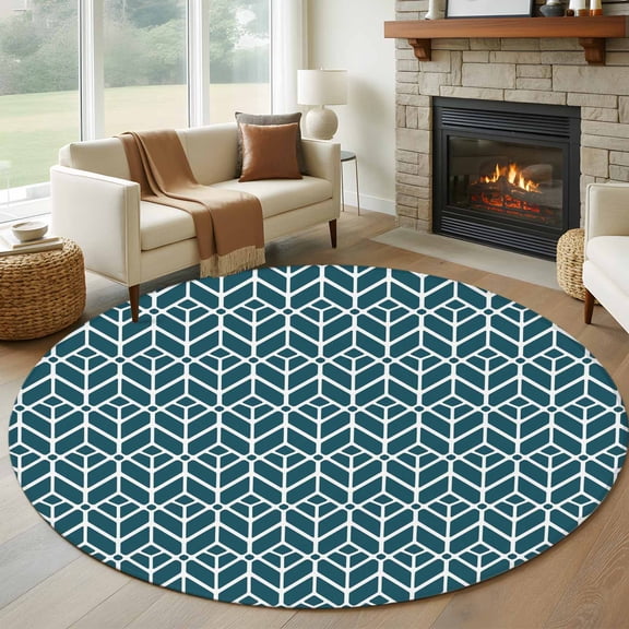 Round Rug 7Ft Washable Non-Slip, Geometric Circle Area Rugs for Living Room Bedroom, Modern Abstract Lines Texture Teal Indoor Floor Mats Carpet Runner for Home Decor Aesthetic