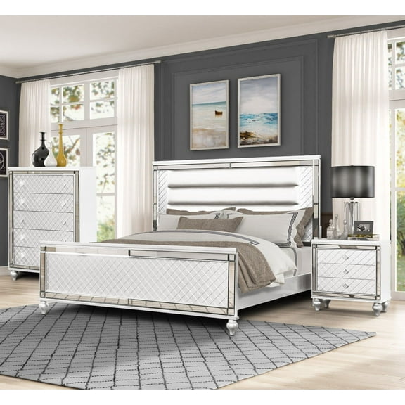 Beautiful 3pc Modern Queen Size LED HB Bed Chest Nightstand Set Polished White Finish Furniture