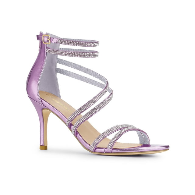 BLISSFUL STEP Women's Shoes Stiletto Heel Open Toe Ankle Strap Rhinestone Buckle Sandals Taro Purple 6