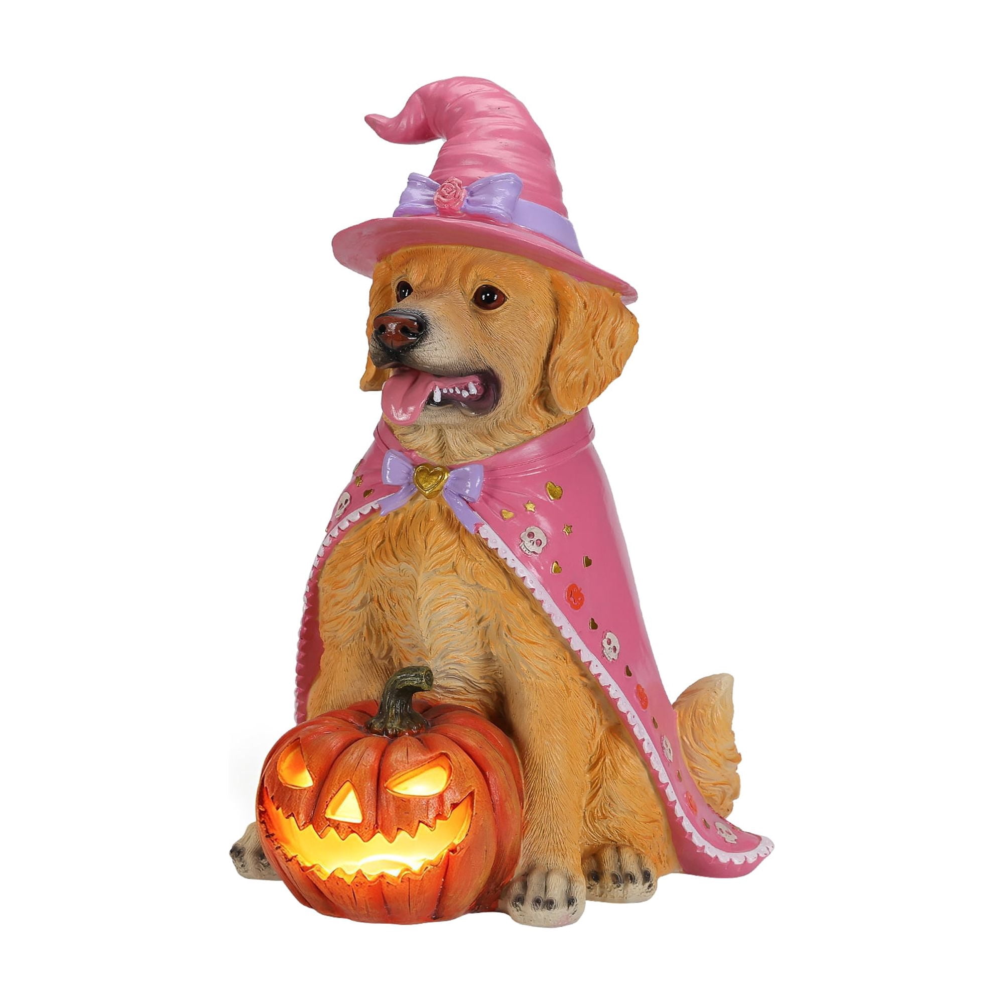 Golden Retriever Witch Halloween Statue, Light-Up Pumpkin, Resin Sculpture, Seasonal Decor