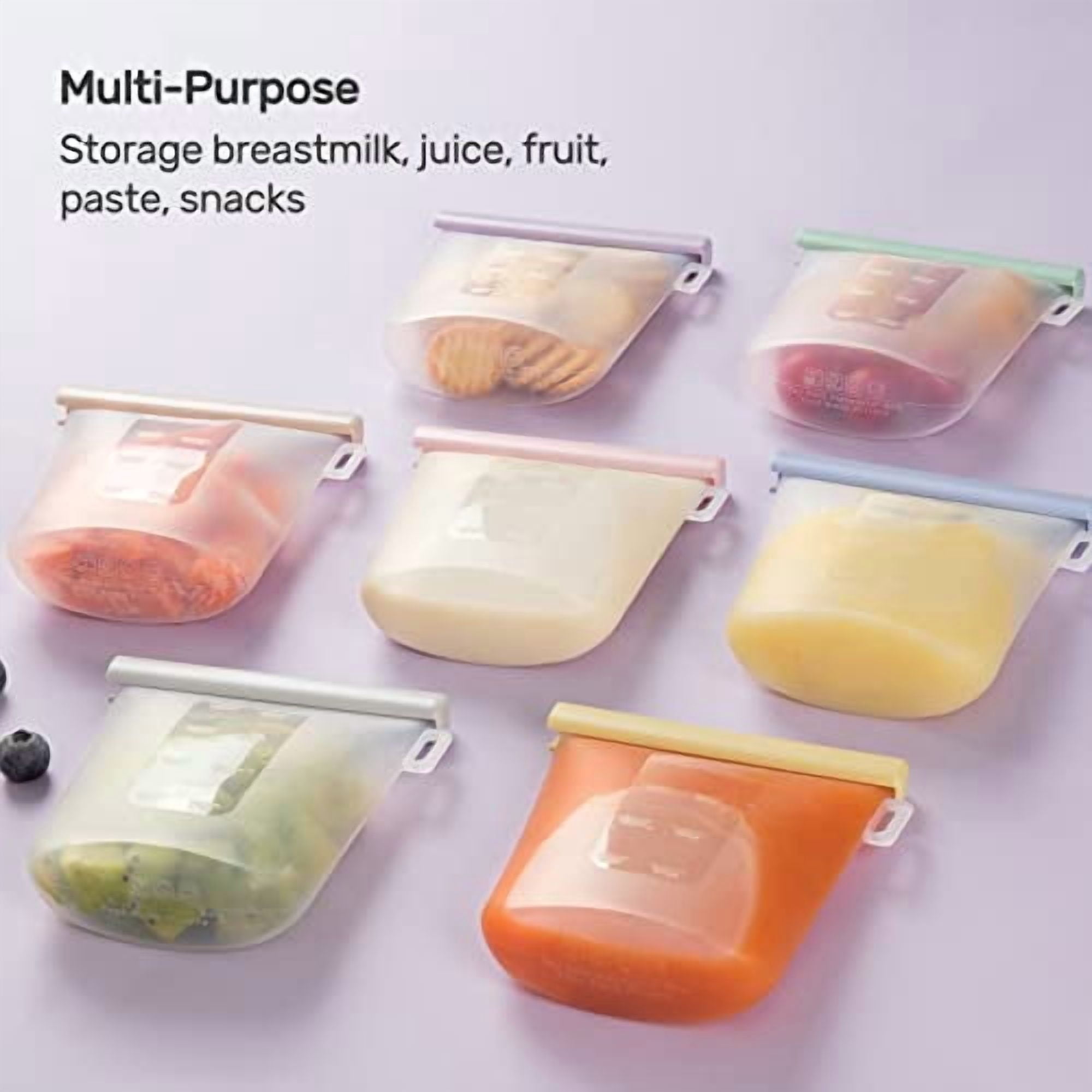 7 Pcs Silicone Breastmilk Storage Bags Reusable, 8oz/240ml Double Leak-Proof Breastmilk Freezer Bags, BPA Free Self-Standing Milk Bags for Breastfeeding, Baby Food Pouches