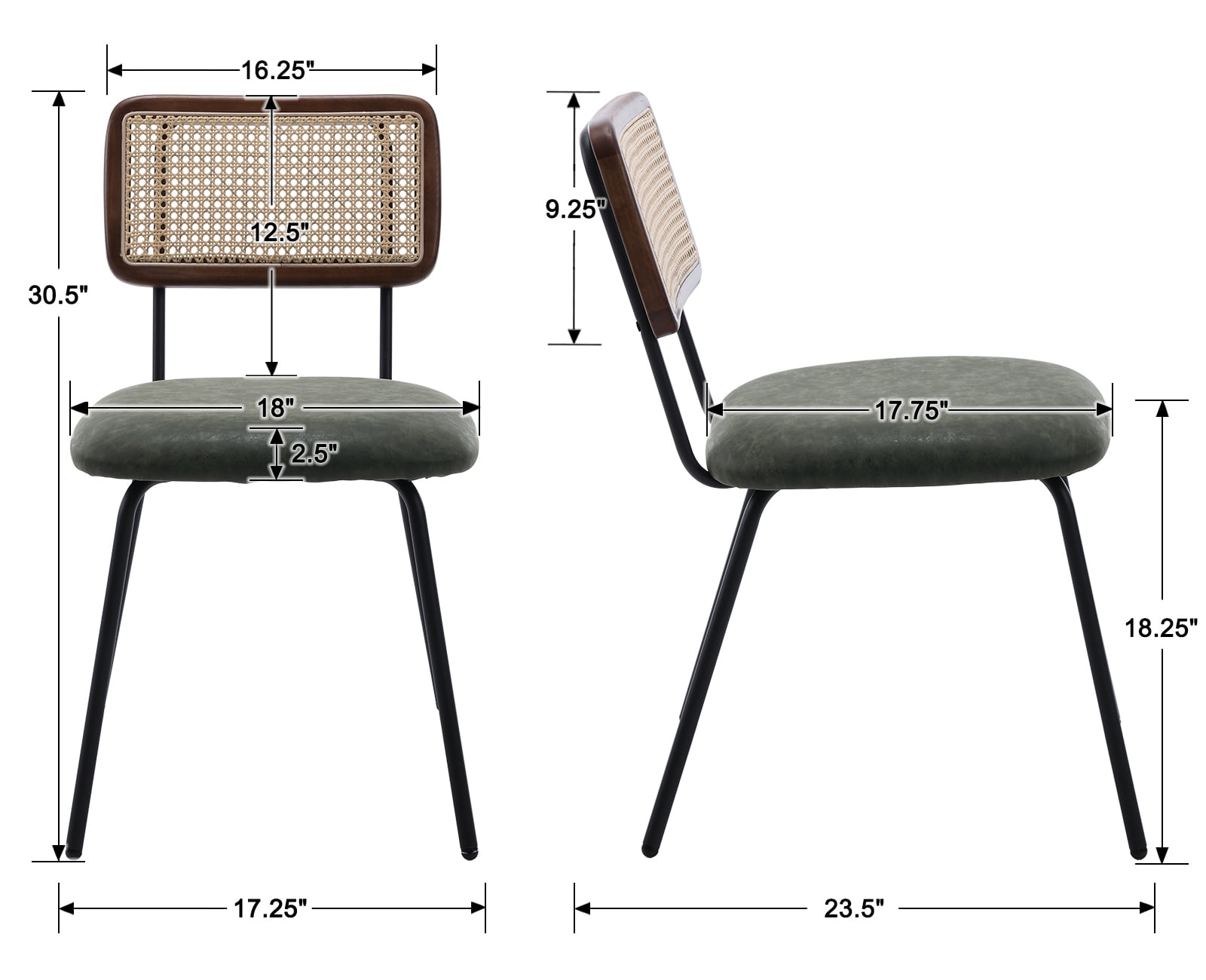 Dayalane Rattan Dining Chairs Set of 4, Leather Upholstered Kitchen Chairs with Cane Back, Mid-Century Modern Armless Dining Side Chairs with Metal Legs for Dining Room Living Room Restaurant, Green