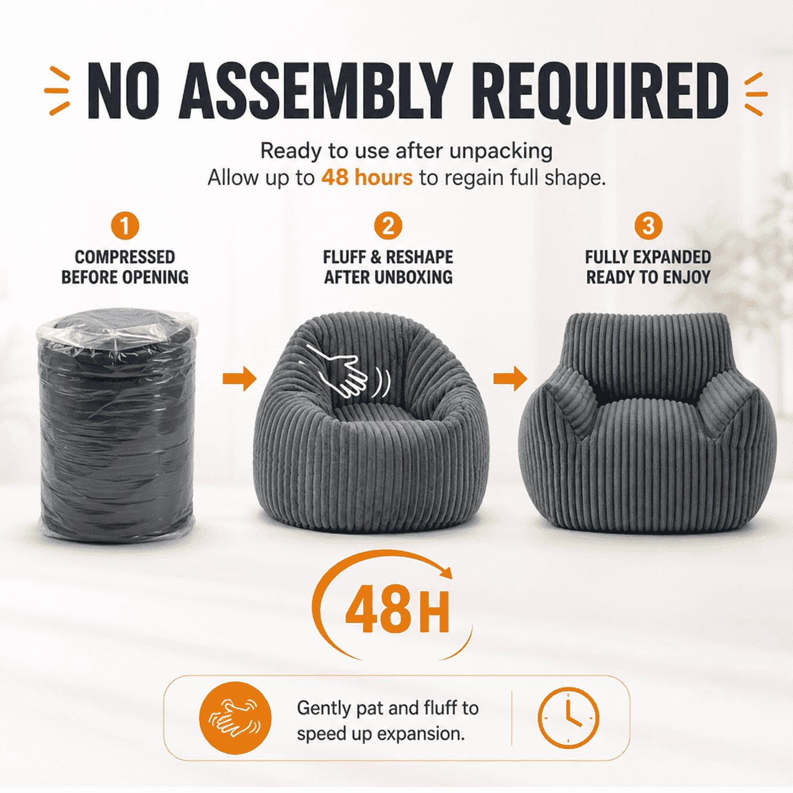 Giant Bean Bag Chair for Adults, 46" Oversized Corduroy Bean Bag Sofa with Armrests, Shredded Foam Floor Lounge Chair, Supports 400 lbs, Black