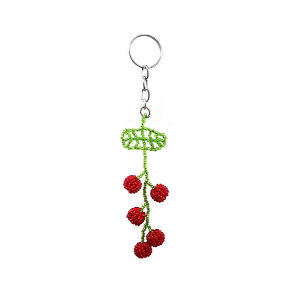 Cherries Fruit Czech Glass Seed Bead 3D Figurine Keychain Metal Ring - Handmade Gifts Boho Car Keys Bag Food Accessories