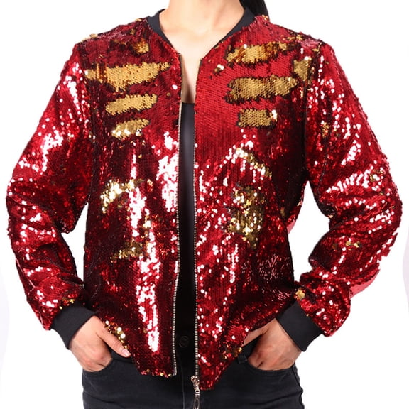 UJNDER Sequined Baseball Jacket for Women Shiny Sparkly Coat Stylish Fashion Outerwear Long Sleeve Red L