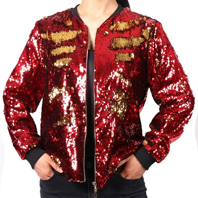 AWZXDE Women's Fashion Trendy Zipper Sequins Jacket Baseball Varsity Style For Game Celebrations Cheerleading And Fun Events Sparkly And Eye Catching Red,XXL
