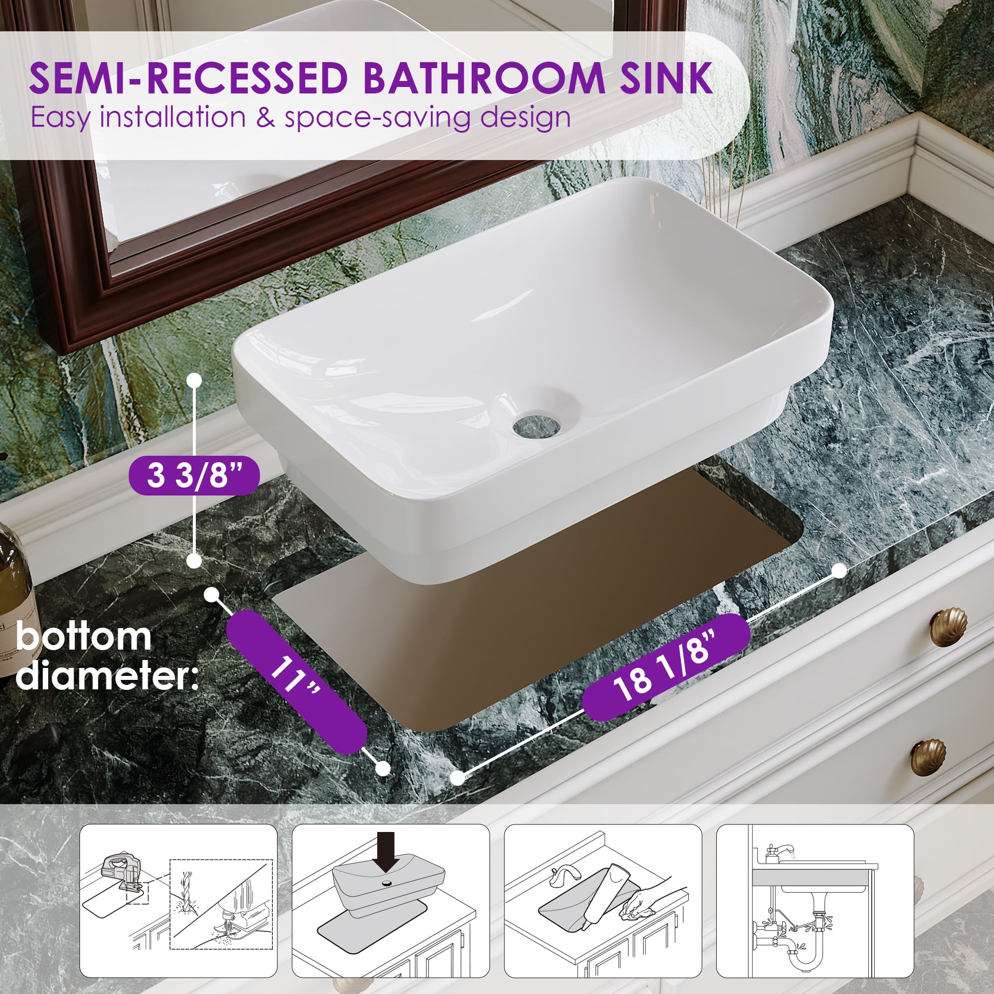 DV-1V0047 DeerValley Ally 19'' x 12'' Drop-In Bathroom Sink Semi-Recessed Vessel Sink Rectangular Above Counter Basin