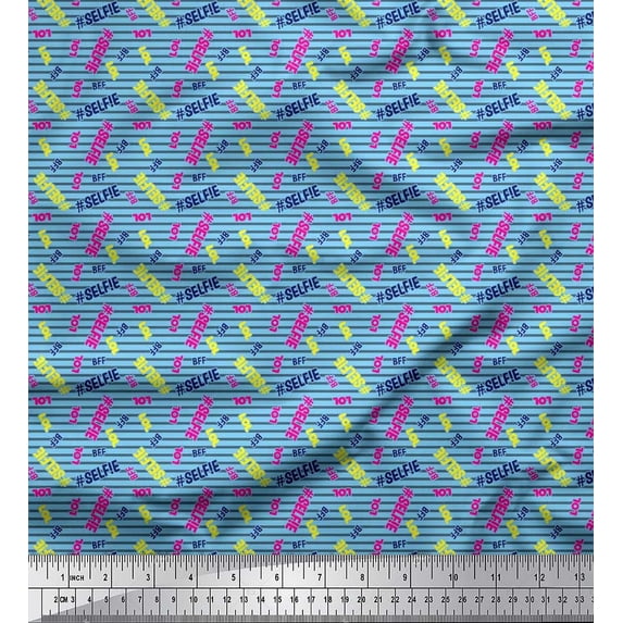 Soimoi Moss Georgette Fabric Selfie Text & Stripe Printed Fabric 1 Yard 42 Inch Wide