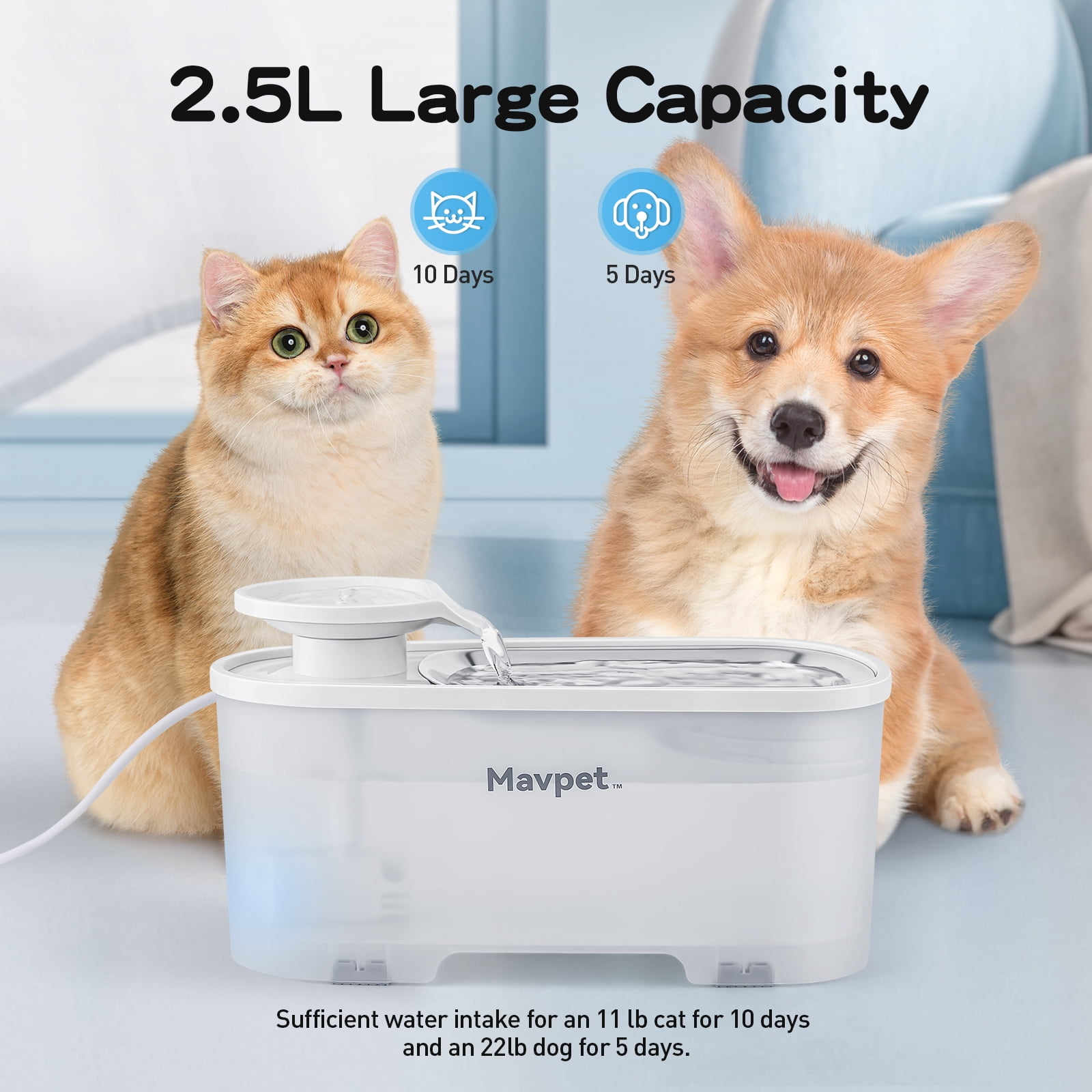 Mavpet 2.5L/84oz Ultra Quiet Cat Water Fountain, Visible Water Level Water Fountain with 2 Filters