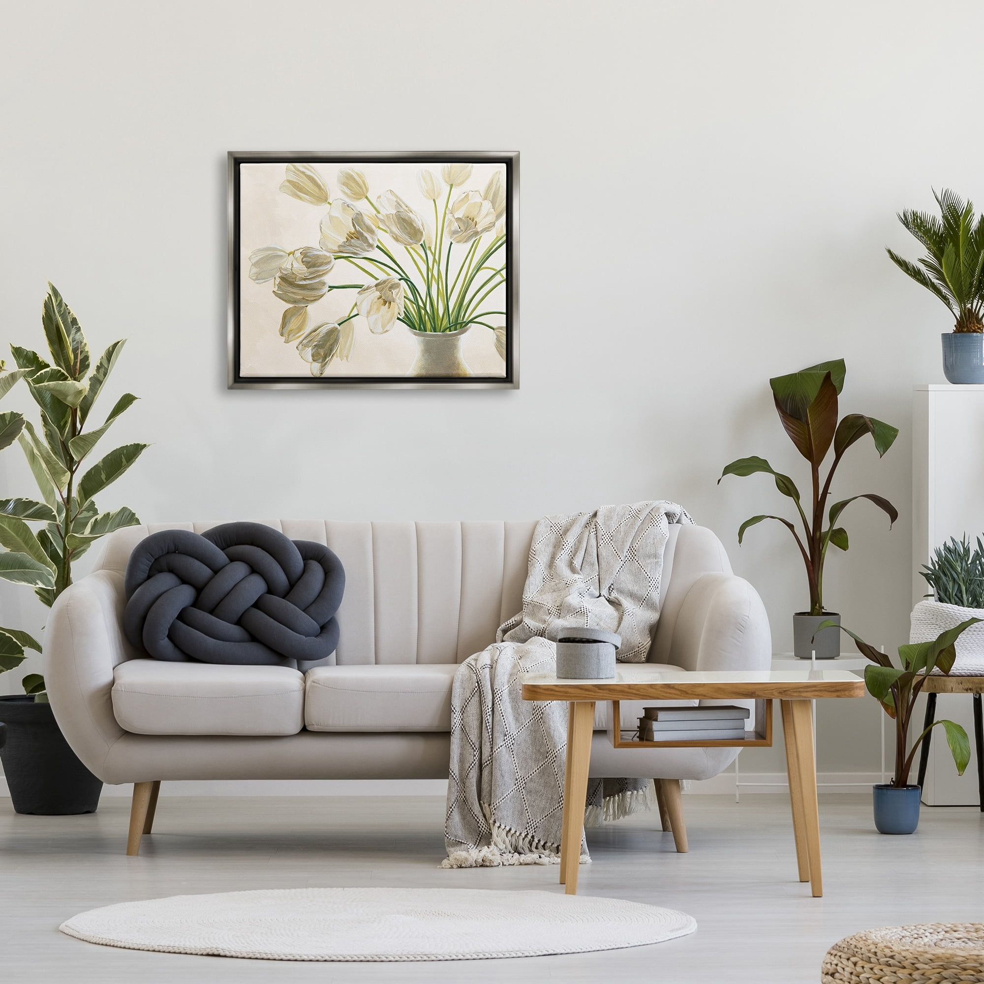 Stupell Industries Tranquil White Tulip Bouquet in Country Vase Luster Gray Framed Floating Canvas Wall Art, 24x30, by Eva Barberini
