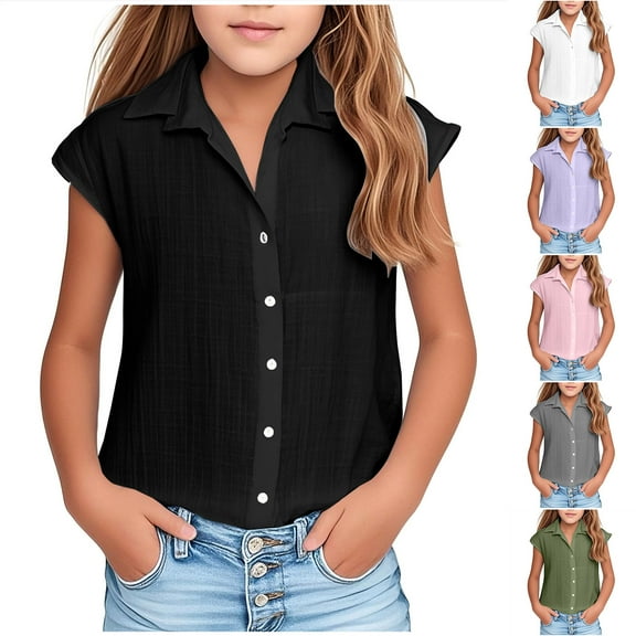 Agkizg Summer Girls Casual Linen Tops Fashion Short Sleeve Shirts V-Neck Solid Color T Shirts Loose Fitting Button Up Cute Kids Clothes Tops