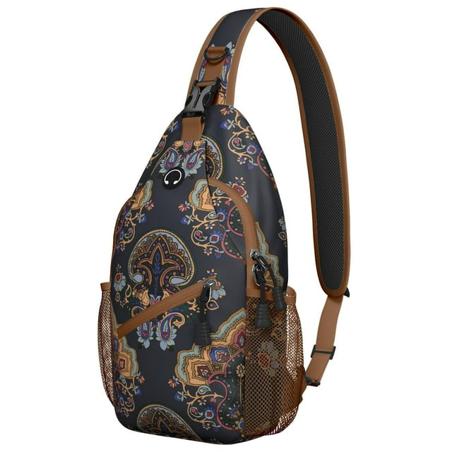 Rustic Paisley Design Sling Backpack, Vintage Bohemian Crossbody Shoulder Bag with Colorful Floral Pattern, Lightweight Travel Hiking Daypack
