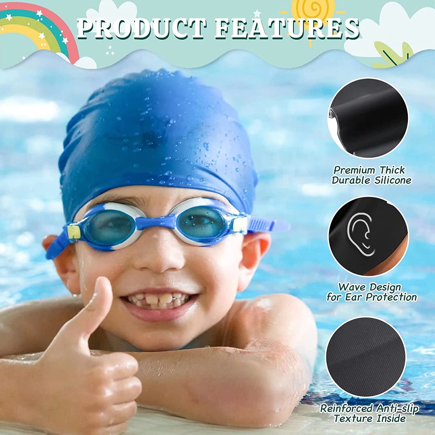 Skywee 2 Pack Kids Swim Caps for Boys Girls Durable Silicone Swimming Cap  for Children Waterproof Shower Cap Bathing Hats with Ear Plugs & Nose Clip  
