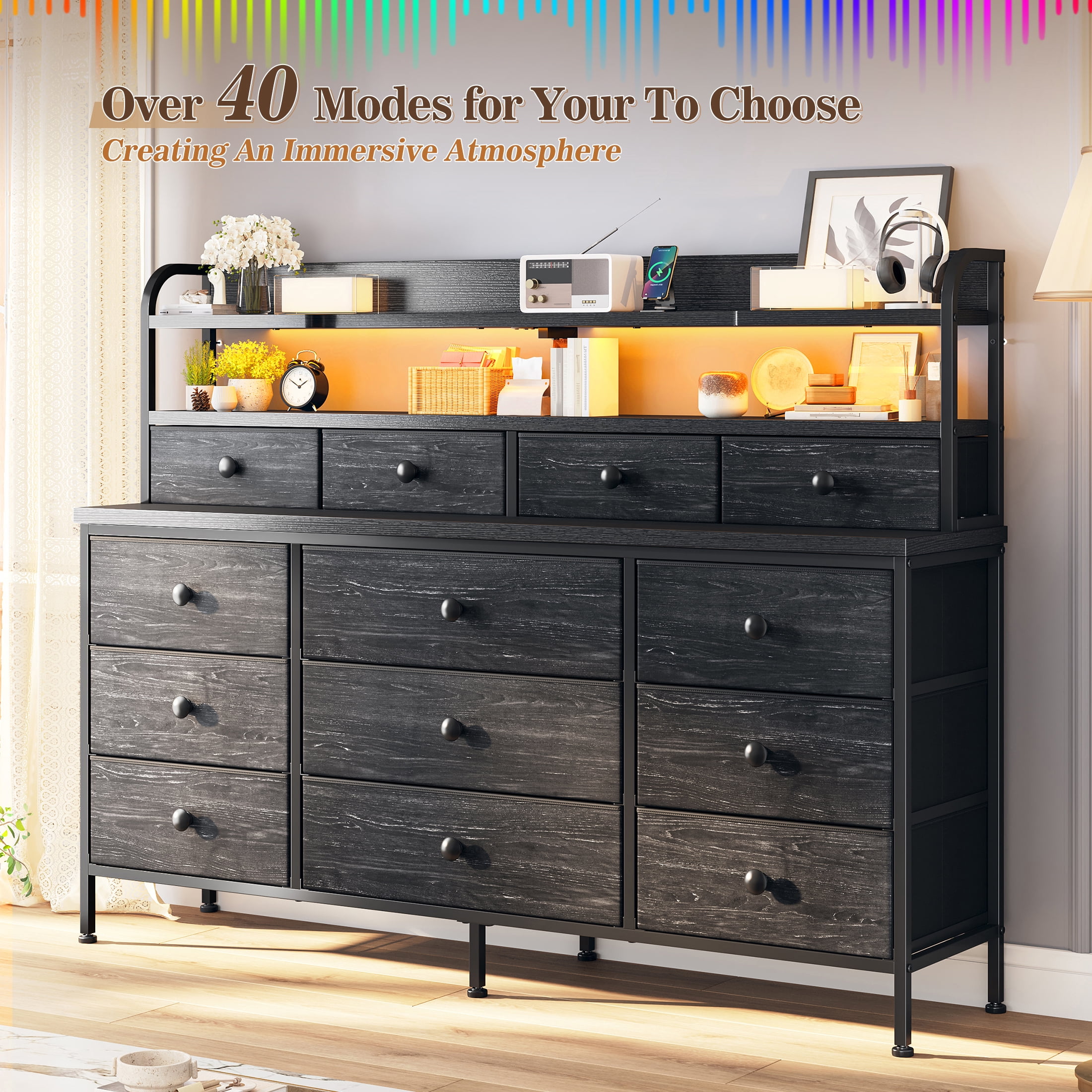 Black Dresser for Bedroom Long Dresser with 13 Fabric Drawers with Shelves for Closet with LED Light