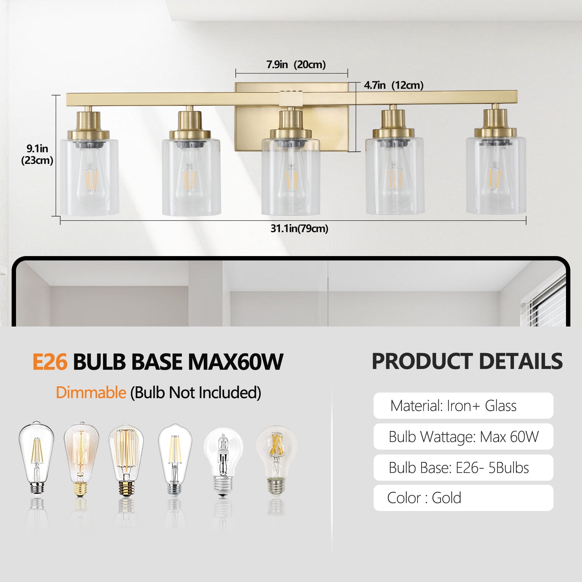 Leumius Modern Golden 5-Light Bathroom Vanity Light Fixture, Industrial Wall Sconce with Clear Glass Shades for Mirror, Bathroom, Bedroom and Hallway (No Bulbs)