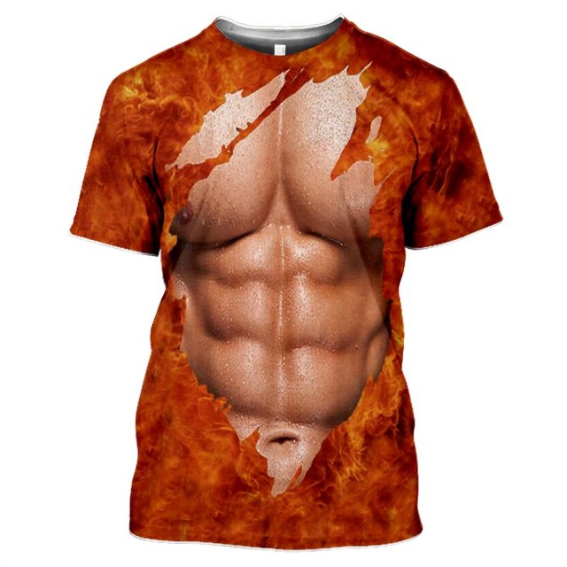 Nouveaux T-shirts d'Été à Impression 3D Simulés Peps et Abs Hip Hop pour Hommes Col Rond Personnalité Manches Courtes