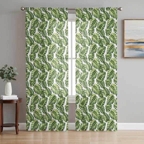 Monstera Leaves Sheer Curtains 63 Inches Long, Tropical Jungle Plants Green Light Filtering Window Curtains for Living Room/Bedroom, Rod Pocket Voile Sheer Curtain Drapes, 52"W x 63"L, 2 Panels