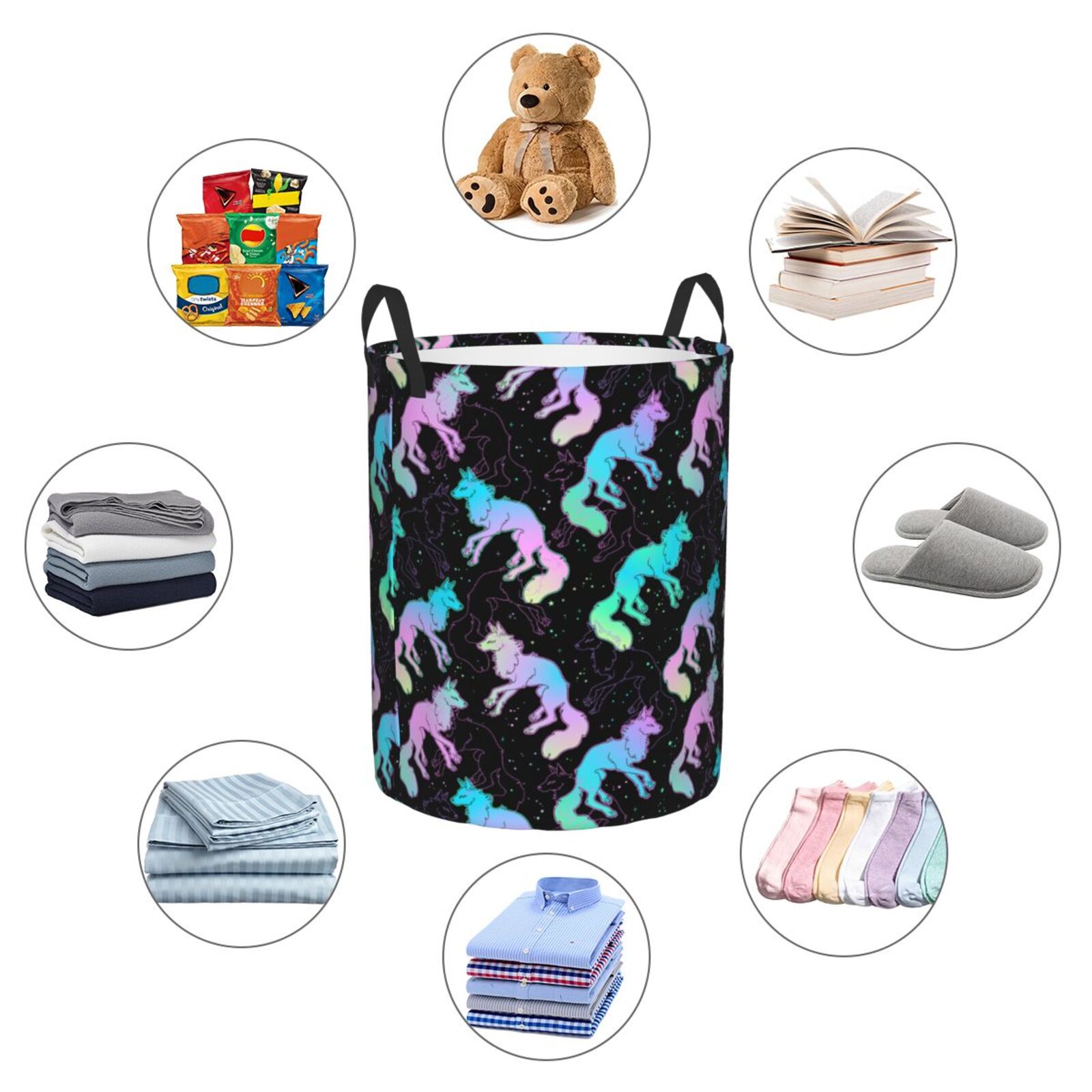 Large Laundry Basket with Handles - Dazzling Color Fox Kids Baby Dirty Clothes Laundry Hamper for Bedroom Aesthetic