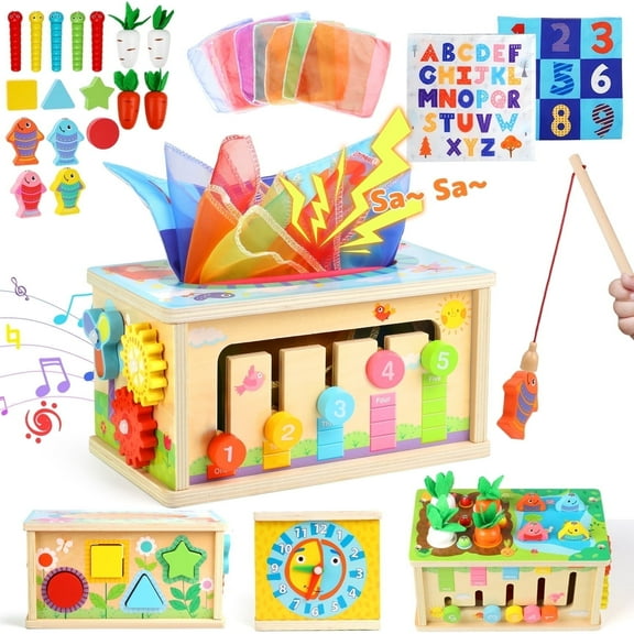 UUSUOO 8-in-1 Montessori Tissue Box Toy for Babies 6-12 Months,Wooden Activity Cube for Babies,Baby Puzzles 12-18 Months,Sensory Crinkle Tissue Box Toys,Christmas Birthday Gifts for Baby