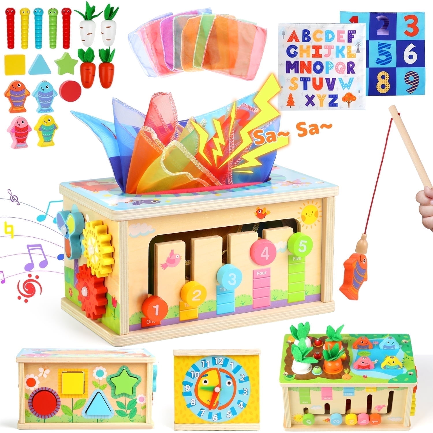 UUSUOO 8-in-1 Montessori Tissue Box Toy for Babies 6-12 Months,Wooden Activity Cube for Babies,Baby Puzzles 12-18 Months,Sensory Crinkle Tissue Box Toys,Christmas Birthday Gifts for Baby